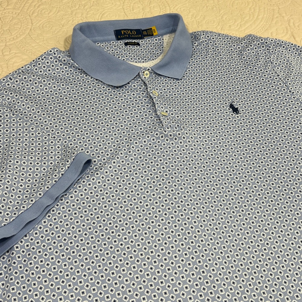 Polo Ralph Lauren Mens XXL Blue Geometric Tile Print Classic Fit Polo Shirt